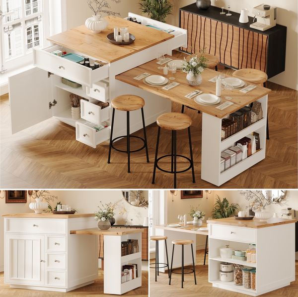 Ausziehbare Kücheninsel (120-184 cm) mit Schubladen und Rollen, fahrbare Kücheninsel mit Holzoptik-Tischplatte, Vielseitige Thekeninsel für Küche, Esszimmer & Bartresen, Weiß