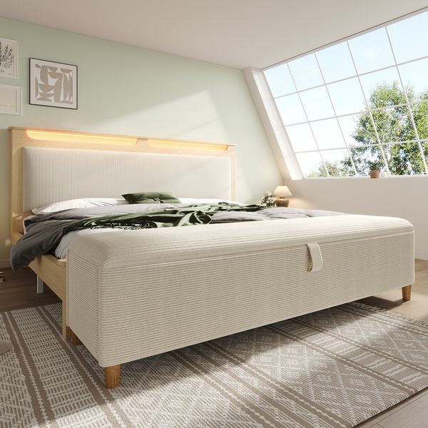 Polsterbett 140×200 cm aus Cordstoff & Holz mit LED-Beleuchtung, Bettbank und Matratze, beige