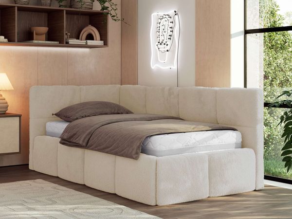 Jugendbett 90x200 ARVO Polsterbett mit Bettkasten, Stauraum & Gasdruckfeder, Modernes Design mit Kopfteil - Creme Plüsch - Links Seite