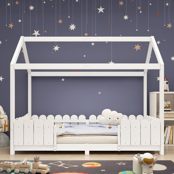 Bett 90x200 cm Hausbett mit Dach und Rausfallschutz – weißes Kinderhaus aus Kiefernholz mit Lattenrost