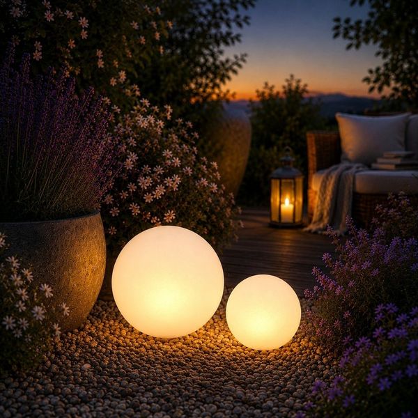 Online-Fuchs LED Solarleuchte für außen - 2 beleuchtete Kugeln als Deko für Garten, Figuren, 4 verschiedene Leuchtmodi wählbar, 16 Farben über die Fernbedienung verfügbar, wetterfeste Solarlampen zur Dekoration auf der Terrasse oder Balkon