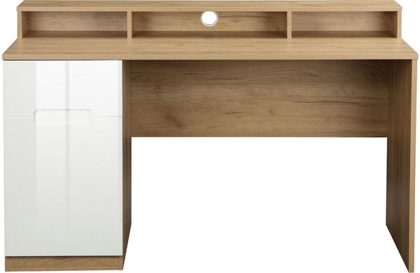 andas Schreibtisch Lund (Computertisch mit Kabeldurchlass & Schublade), Monitoraufsatz, Hochglanzfronten, Breite 140 cm