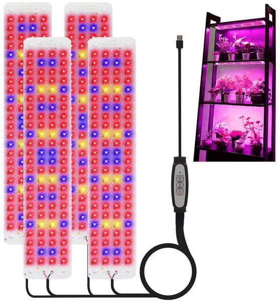 MUPOO Pflanzenlampe Vollspektrum/Sonnenlicht/Pink-Violette LED-Wachstumslicht, USB, Timer, Vollspektrummodell, 4 Panel, LED fest integriert, Dünnes Pflanzenlampe, 96LEDs Dimmbare