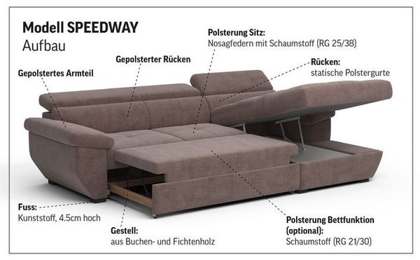 COTTA Ecksofa Speedway L-Form, mit Kopfteilverstellung, wahlweise mit Bettfunktion & Bettkasten Bild 4