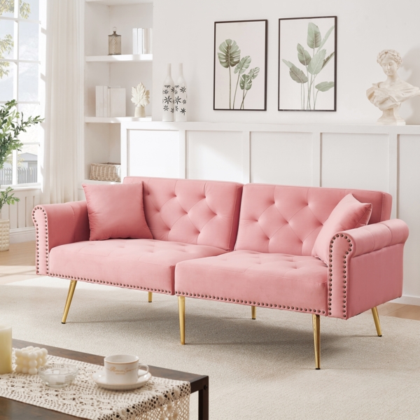 Schlafsofa in Rosa mit verstellbarer,vergoldete Metallfüße, 3 Stufen Rückenlehne, 2 flauschige Sofakissen, versteckter Stauraum