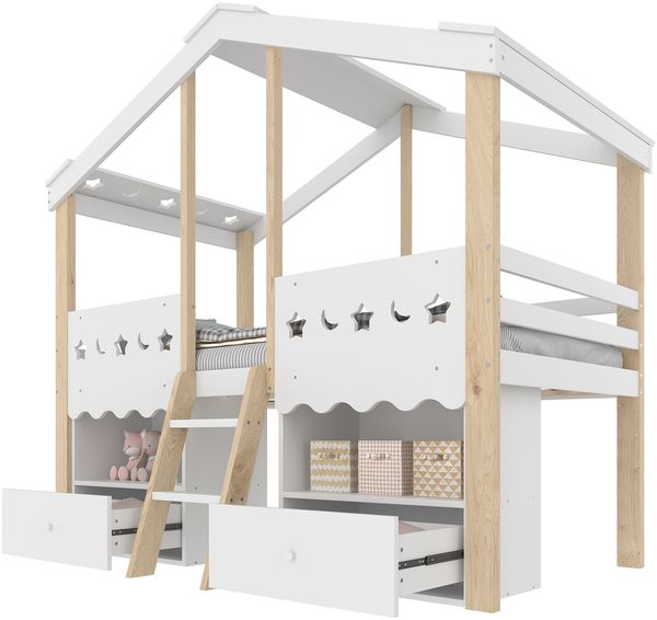 Halbhohes Bett,90x200cm,Hausform,Hochbett,2 Schubladen,LED-Lichtleiste,ohne Matratze,Weiß + Natur Bild 7