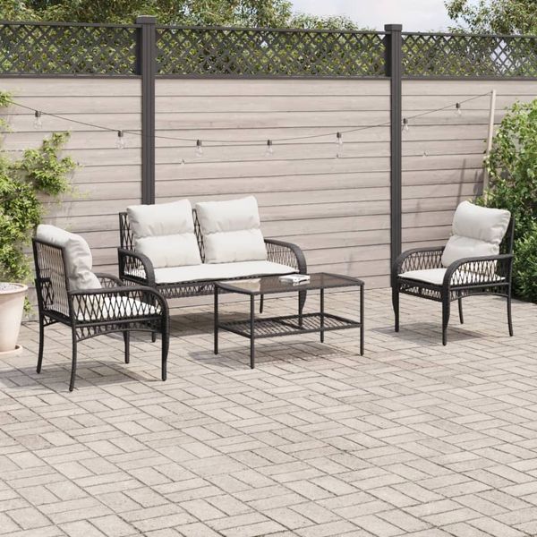 vidaXL 4-tlg. Garten-Sofagarnitur mit Kissen Schwarz Poly Rattan 368726