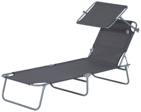 Outsunny Gartenliege Strandliege klappbar mit Sonnenschutz, Gartensitzgruppe, 1 St, Sonnenliege, Grau 187 x 58 x 36 cm