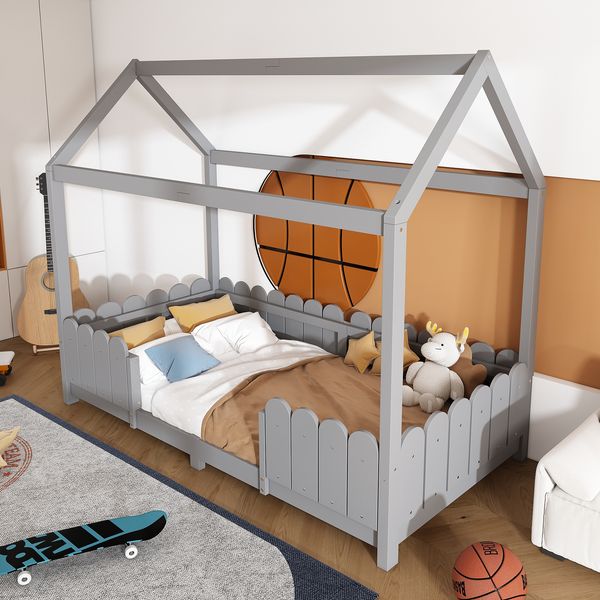Bett 90x200 cm im Haus-Design mit Dach und Rausfallschutz – Kiefernholz, grau