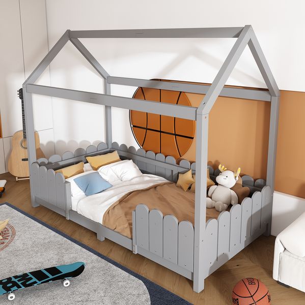 Bett 90x200 cm im Haus-Design mit Dach und Rausfallschutz – Kiefernholz, grau