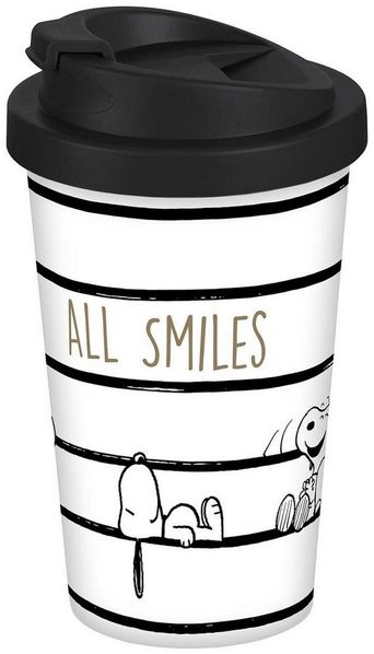Geda Labels GmbH Coffee-to-go-Becher Snoopy All Smiles, 1-tlg, PP, Weiß, 400 ml, doppelwandig, auslaufsicher