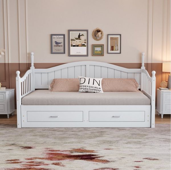 Merax Daybett 90x190/180x190 cm mit Ausziehbett (1 tlg), Kiefer Schlafsofa Tagesbett mit 2 Schubladen, Rückenlehne & Armlehnen