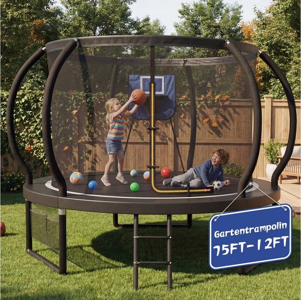 GUNJI Gartentrampolin Basketballkorb-Trampolin, Durchmesser 228/305 cm, Kindertrampolin, Ø 228 cm, (Enthält Leiter, Sicherheitsnetz, Schuhnetz, 360°-Schutzgitter und Fallschutzmatte, mit einer Tragkraft von 150 kg-ostern geschenke)