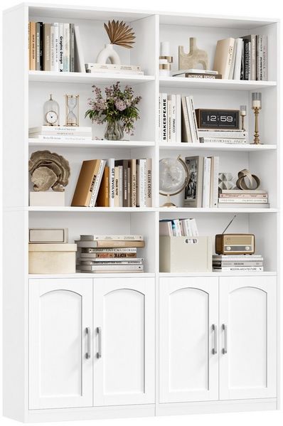 Homfa Bücherregal Standregal Büroregal Bücherschrank, mit 8 offenen Fächern und 4 Türen, Holz, 115x27x185,5 cm
