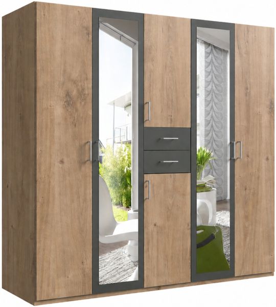 Drehtürenschrank Kleiderschrank 225cm Schubkästen Spiegel Eiche Dekor und Grafit