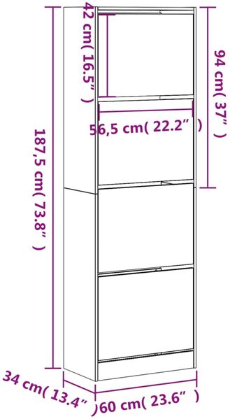 vidaXL Schuhschrank mit 4 Klappen Grau Sonoma 60x34x187,5 cm 3214376 Bild 10