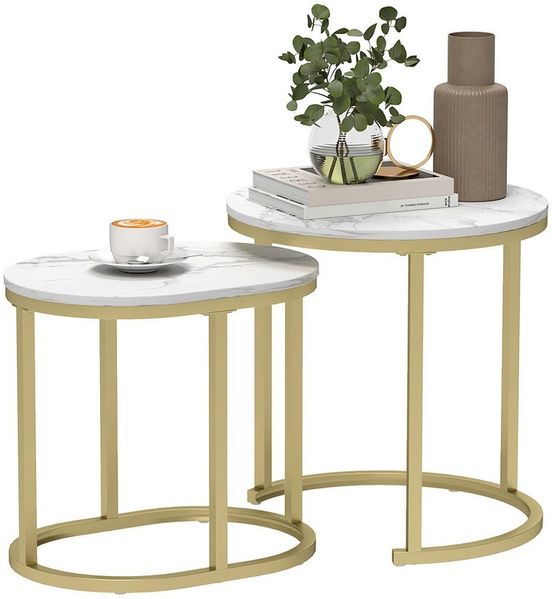 HOMCOM Couchtisch 2er Set Stapelbarer Kaffeetisch mit Stahlrahmen (Sofatisch, 2-St, Beistelltisch), für Wohnzimmer, Schlafzimmer, Balkon, Weiß