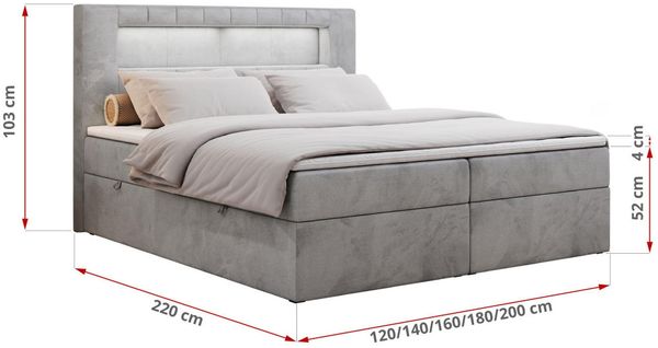 Boxspringbett - Polsterbett mit LED Kopfteil - GOLD-5 - 120x200cm - Hellgrau Velours - H3 Bild 5