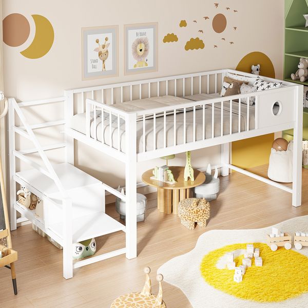 Niedriges Hochbett für Kinder (90 x 200 cm), mit Aufbewahrungsleiter, stabilem Metallrahmen, geeignet für Kinder und Jugendliche, weiß.