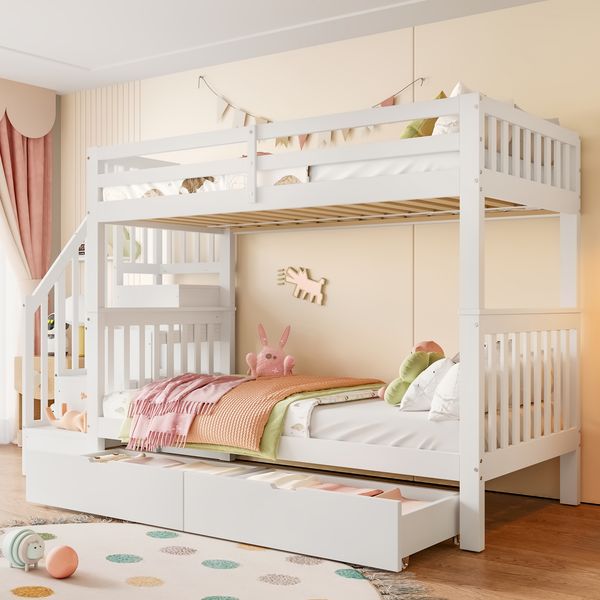 Etagenbett, Treppenregal mit zwei Schubladen, hohe Geländer, EN747-1 zertifiziert, Holz, weiß, 90 x 200 cm