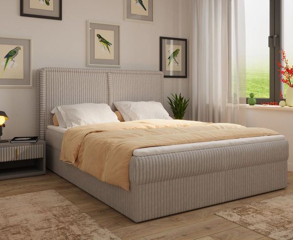 MOEBLO Boxbett Bett 04 (Bonnellmatratzen + Topper, Doppelbett gepolstertes Kopfteil Bett mit Bettkasten, aus Cord, Polsterbett Kontinentalbett), (BxHxT):143/163/183x113x214cm