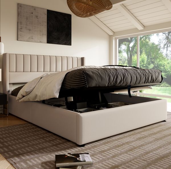 Polsterbett 160x200 cm aus Leinen mit Stauraum und Hydraulik – modernes Design, bequemes Kopfteil
