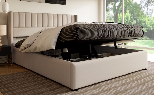 Polsterbett 160x200 cm aus Leinen mit Stauraum und Hydraulik – modernes Design, bequemes Kopfteil Bild 4
