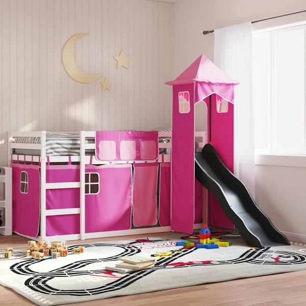 vidaXL Etagenbett mit Rutsche und Gardinen Rosa 90x200 cm 3284193