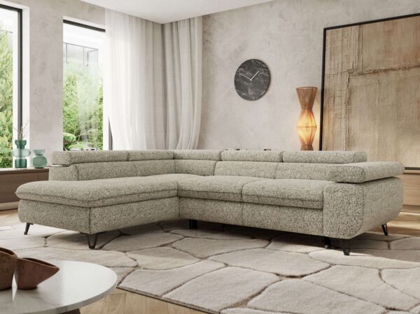 MKS Möbel 'Pablo L-Form' Ecksofa mit Schlaffunktion, verstellbare Kopfstützen, Beige, Struktur, Visco Topper, Links