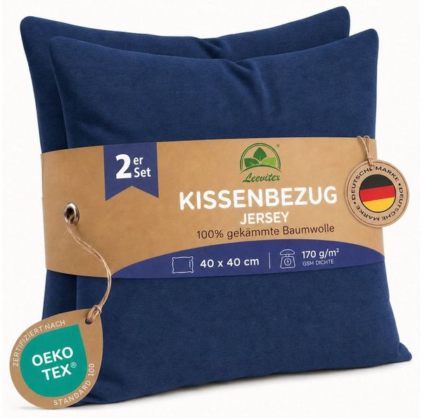 leevitex® Kissenbezüge Kissenbezug 40 x 40 cm, 2er Set, Navyblau/Marine, (2 Stück), feine Jersey-Qualität, 100% Baumwolle, robuster Reißverschluss