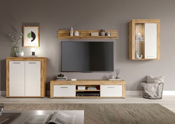 INOSIGN Wohnwand Aosta, 4-tlg, best. aus: Highboard, Lowboard, Wandboard & Vitrine, (4-St), Wohnwand, Kombination, Anbauwand, Möbel Set, Schrankwand, Möbel Kombi