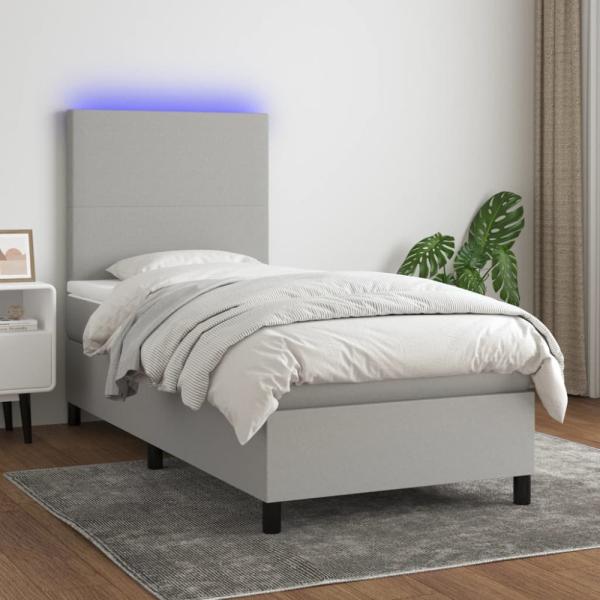 vidaXL Boxspringbett mit Matratze & LED Stoff Hellgrau 90 x 200 cm, Härtegrad: H2 [3134685]