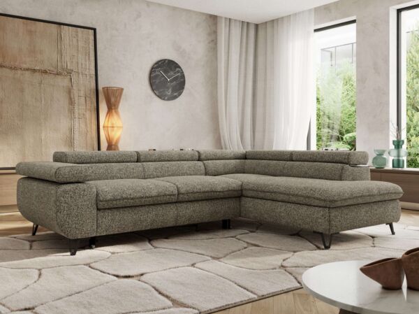 MKS Möbel 'Pablo L-Form' Ecksofa mit Schlaffunktion, verstellbare Kopfstützen, Grau, Struktur, T25 Topper, Rechts