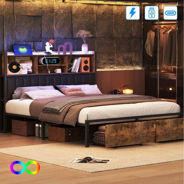 PXloue Polsterbett LED Doppelbett Stauraumbett (mit 2 Schubladen) (Für Jugendliche geeignet), Metallbett,Kopfteil Mit USB- und Typ-C-Ladeschnittstelle,140x200 cm