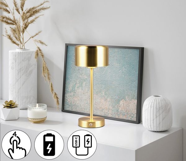 Reality Leuchten LED Tischleuchte JEFF, Dimmfunktion, USB-Ladefunktion, LED fest integriert, Warmweiß, Akku Tischlampe mit USB-C Anschluss, Touchdimmer 4 Stufen, Höhe 30cm