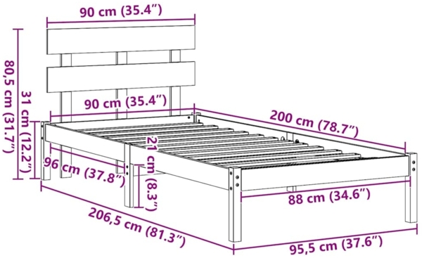 vidaXL Bettgestell mit Kopfteil Braun 90 x 200 cm Massivholz Kiefer 872139 Bild 9
