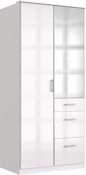Kleiderschrank Clack in Weiß mit Fronten in Hochglanz Weiß Lack- Drehtürenschrank in verschiedenen Varianten wählbar - Kleiderschrank 91 cm – mit Spiegel und Schubkästen