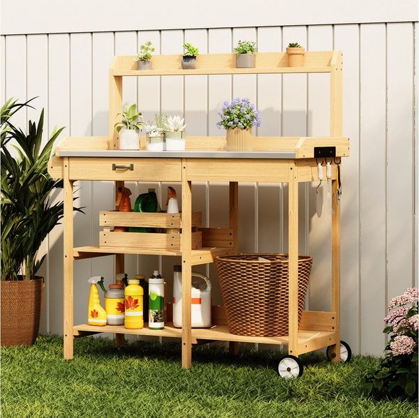 Bealife Garten-Geräteschrank Pflanztisch, Gärtnertisch, Pflanzenregal Mit Rollen, (Set), mit Schubladen, Ablagefläche und Haken,108 x 43 x 120 cm