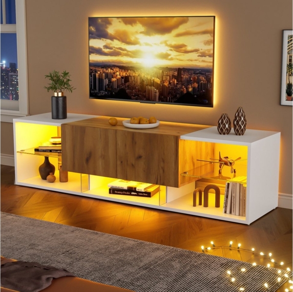 OKWISH Lowboard TV -Konsolenschrank für Fernseher bis zu 70 Zoll (Fernsehschrank, TV-Board, 1 St, Spanplatte), mit Glasplatten-Aufbewahrungsplattform und 2 Schubladen
