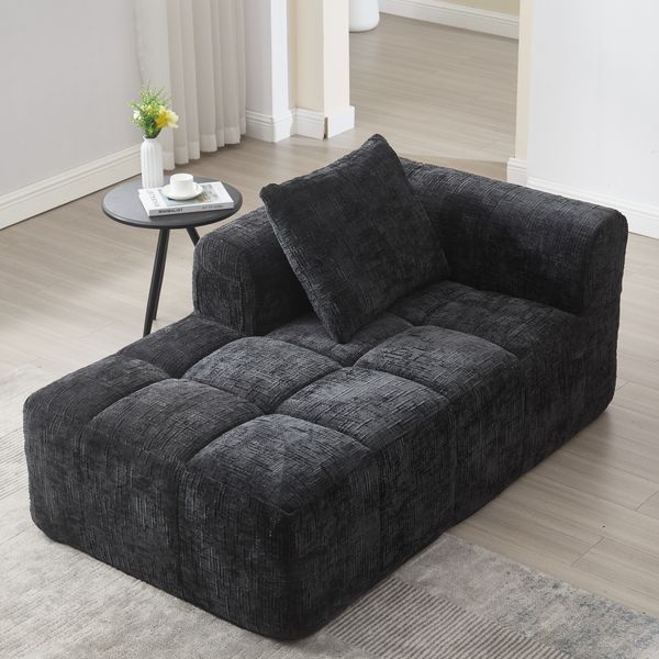 Chaiselongue-Sofa Chenille mit Seitentaschen & Kissen, 158x90x60 cm, Schwarz