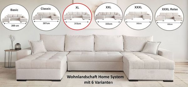 OTTO home Wohnlandschaft Home System U-Form, von B: 269-352 cm wählbar, 6 Varianten zur Auswahl, Bettfunktion, Bettkasten & Zierkissen, Federkern