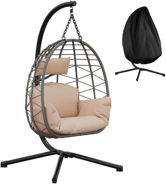 Hängesessel mit Gestell Outdoor bis 150 kg belastbar, Rattan Hängesessel mit Metallgestell, ideal als Hängesitz Indoor mit Gestell für Garten, Terrasse & Balkon Beige