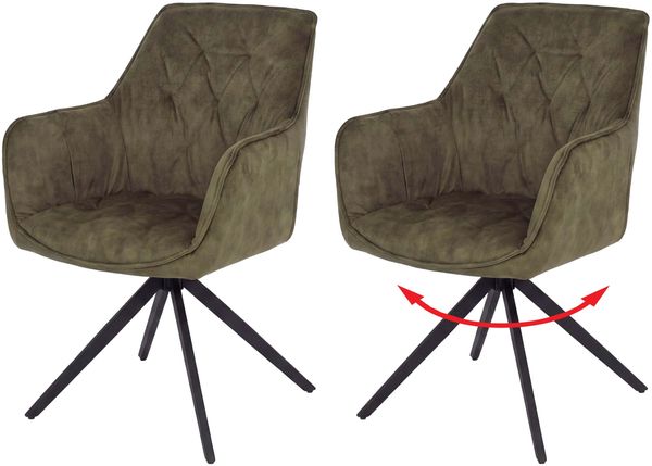 2er-Set Esszimmerstuhl HWC-L80, Küchenstuhl Armlehne drehbar Auto-Return Samt 440g/m² ~ Wildleder-Optik olivgrün