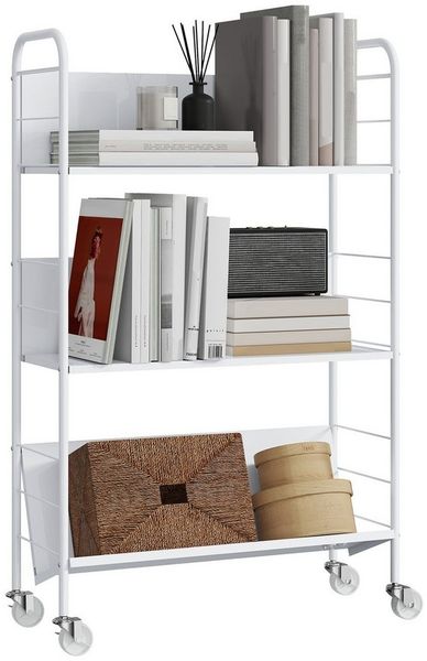 HOMCOM Bücherregal Mobiles Aufbewahrungsregal mit 3 Ebenen, Rädern, rollbares Spielzeugregal aus Metall, Bücherschrank für Schlafzimmer, 69 x 26 x 108 cm, Weiß