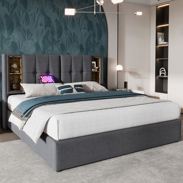 Polsterbett Baumwolle mit Stauraum, Wireless Charging & USB-Anschluss, 180x200 cm, Grau, ohne Matratze