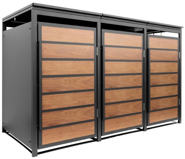 Mülltonnenbox Müllbox Mülltonnenverkleidung 3 Türen Anthrazit mit Holzdekor Box