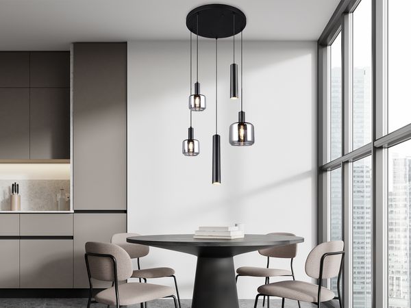 Cluster Pendelleuchte MATARO 5-flammig aus Metall mit Glasschirmen Chrom, Ø 40cm