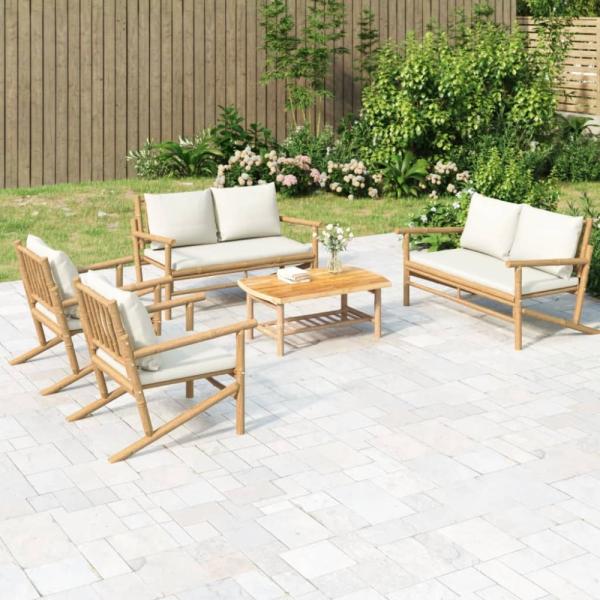 vidaXL 5-tlg. Garten-Lounge-Set mit Cremeweißen Kissen Bambus