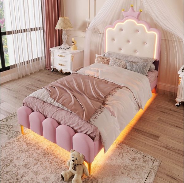 Flieks Polsterbett, LED Prinzessinnenbett Kinderbett 90x200cm mit Krone-Design-Kopfteil