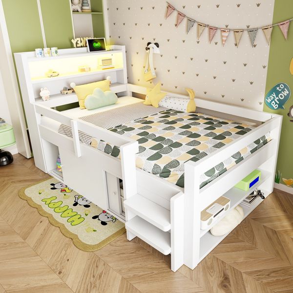 Merax Holzbett 90x200 cm, Kinderbett, Einzelbett, Multifunktionsbett, Mit Staufächern und Schränken mit Schiebetüren, ausgestattet mit LED-Beleuchtung und USB-Ladeanschlüssen, Weiß